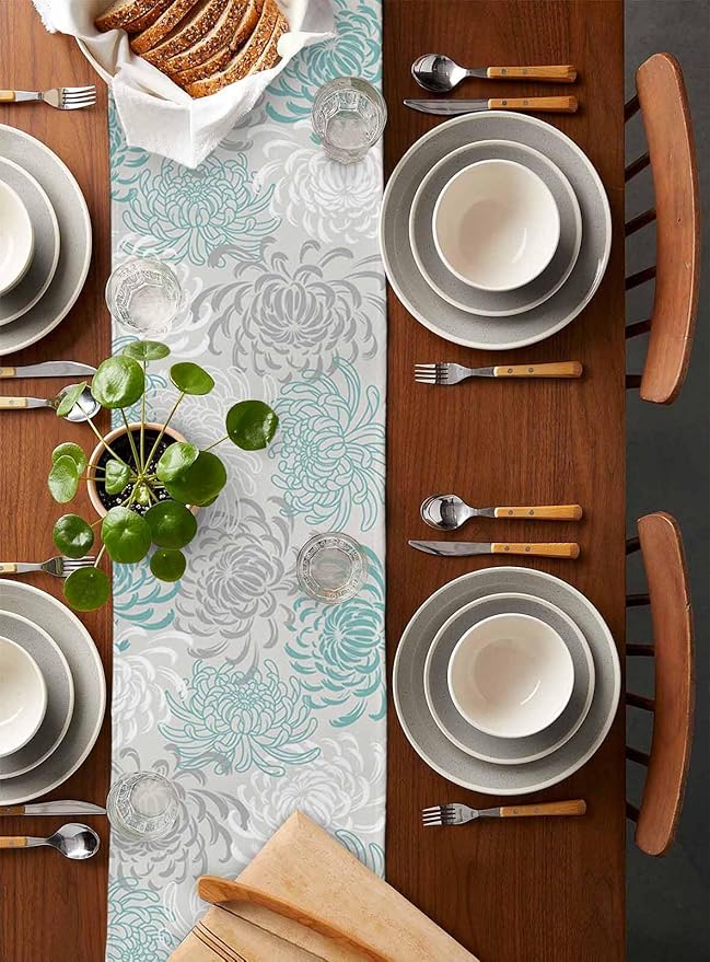 Auqa Chrysanthemum Cotton Linen Table Runner for Dining Kitchen, Wedding Outdoor Party Tablerunners Decoration, Farmhouse Floral Botanical Leaves Dresser Scarf Coffee Tablecloth Runners 13x36 Inches