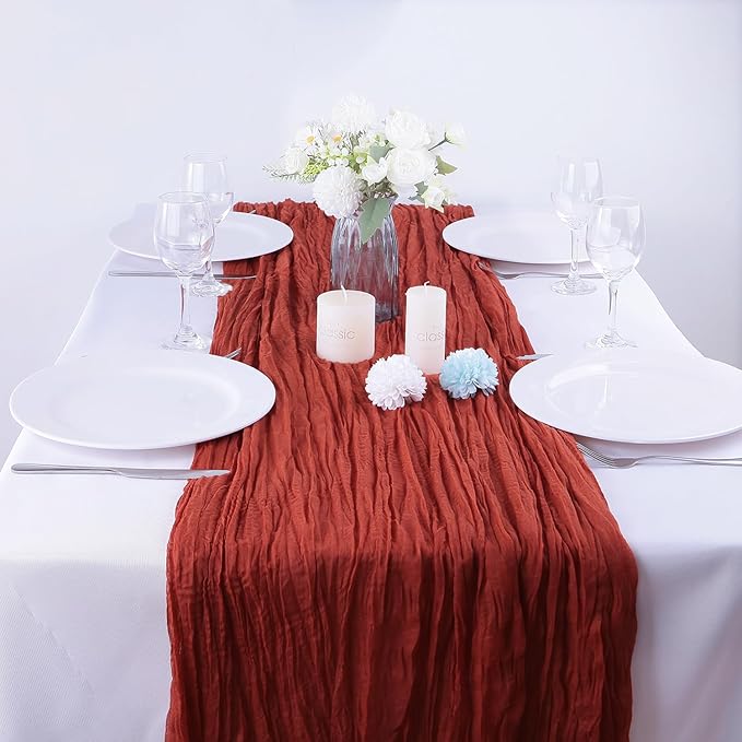 16PCS Terracotta Cheesecloth Table Runner 10FT Table Runner Cheesecloth 35x120Inch Boho Gauze Cheese Cloth Table Runner Long Rustic Sheer Table Runners for Wedding Party Baby Bridal Shower Table Decor