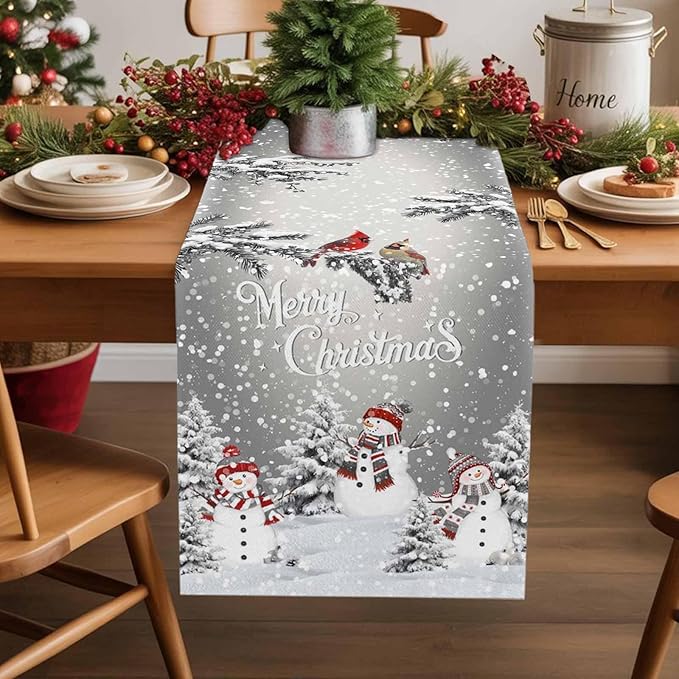 Christmas Snowman Cotton Linen Table Runner for Dining Kitchen, Snowflakes Xmas Pine Tree Wedding Outdoor Party Tablerunner Decoration Winter Bird Dresser Scarf Coffee Tablecloth Runners 13x70 Inches