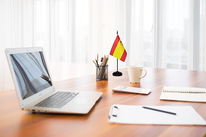 Spain Spanish Deluxe Desk Flag Set, Small Mini Miniature Spain Spanish Table Desktop Flags With Solid Pole, Black Base and Spear Top(2 Pack)