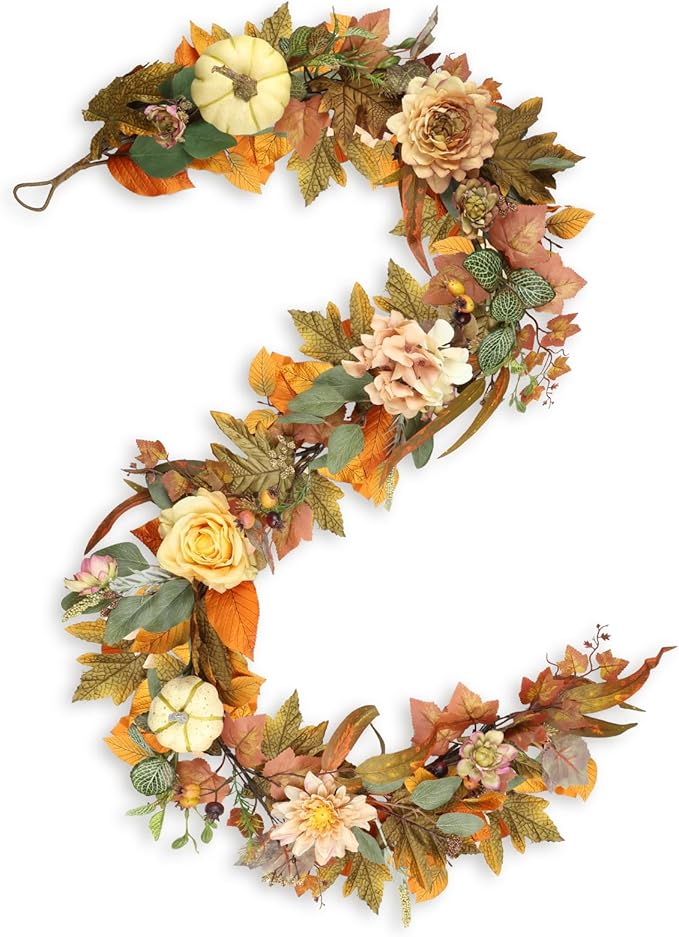 Garland with Pumpkins, Maple Leaves and Flowers, 72 Inch Fall Plastic