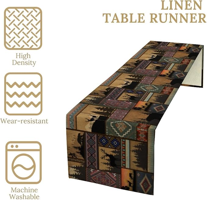 Rustic Cabin Bear Aztec Table Runner, Retro Brown Bear Rustic Theme Geometry Decoration for Home Dinner Party Living Room Bedroom Table Runner 13x120 Inch