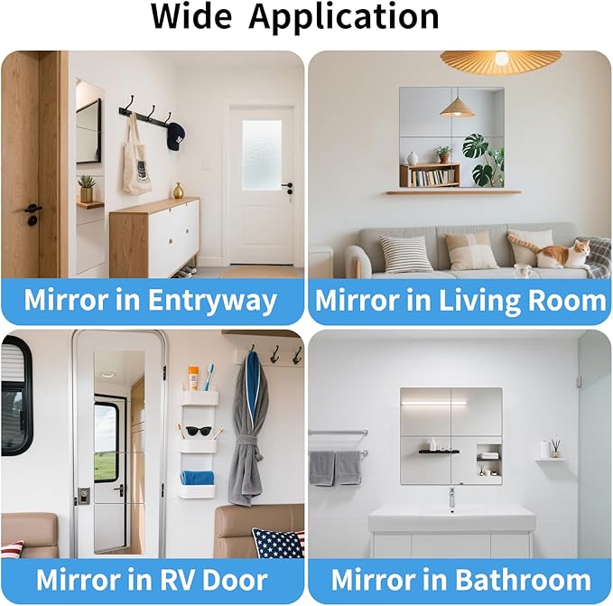 Unbreakable Acylic Small Mirror Tiles for Kids, (4-Pcs 14x12 Inch) Plastic Mirrors for Wall, Stick on Mirrors for Wall Decor, Shatterproof Mirror for Kids Bedroom