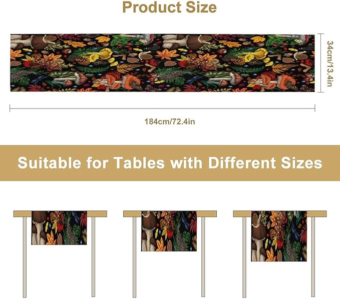 Nature Mushroom Table Runner,Retro Boho Floral Botanical Plant Forest Pattern Print Tablecloth Burlap for Hotel Indoors Outdoor Dining Room Kitchen Holiday Party, 13x36in