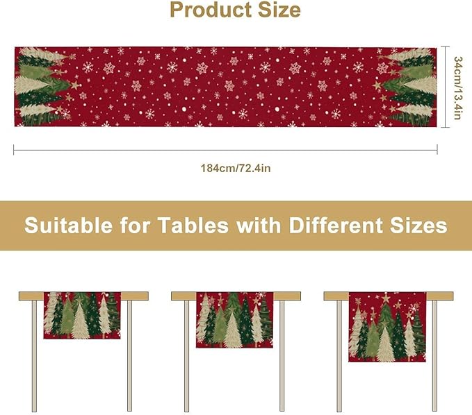Merry Christmas Table Runner,Red Christmas Tree Snowflake Winter Seasonal Table Cloth Kitchen Dining Table Decoration for Home Party Decor 13x108 Inch