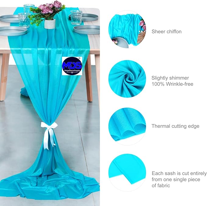 MDS 25 Pack 10ft Chiffon Table Runner 29 x 120 Inches Sheer Wedding Runner Romantic Rustic Table Runner for Wedding Decorations, Birthday Parties, Bridal Shower Party Arch Decor -Turquoise