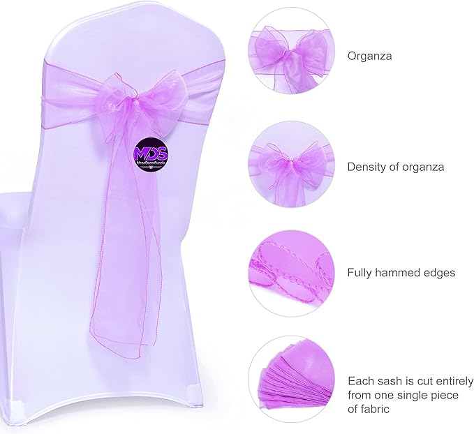 Dining Chair Slipcovers, 200-Pack Light Purple Organza Sashes, 7x108 Inch
