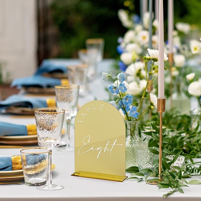 Place Cards: Gold Mirror Acrylic Arch Table Numbers 1-20, 5x7 Inch with Stands