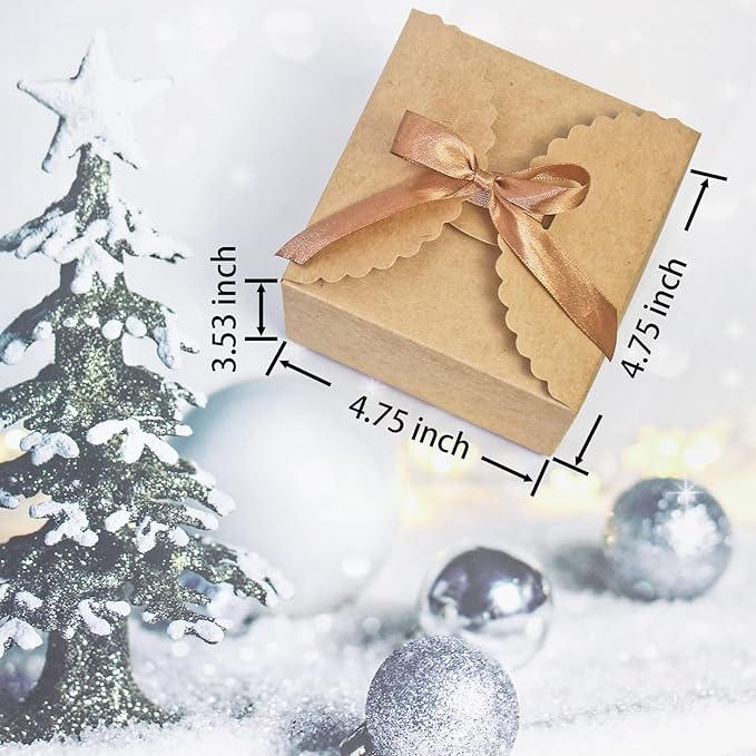 Brown Box for Presents, 10 Pack Small Empty Kraft Paper Gift Boxes with Ribbon For Packaging Candy, Cookie, Chocolate, Craft, Candle, Small Gifts, 4.75” x 4.75” x 3.53”