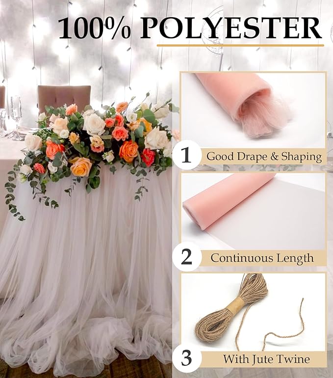 Blush Tulle Fabric Roll, 54" x 40 Yards (120FT) Tulle for Wedding Decoration DIY Tutu Party Backdrop Baby Shower Valentine's Day Table Skirts Gift Wrapping