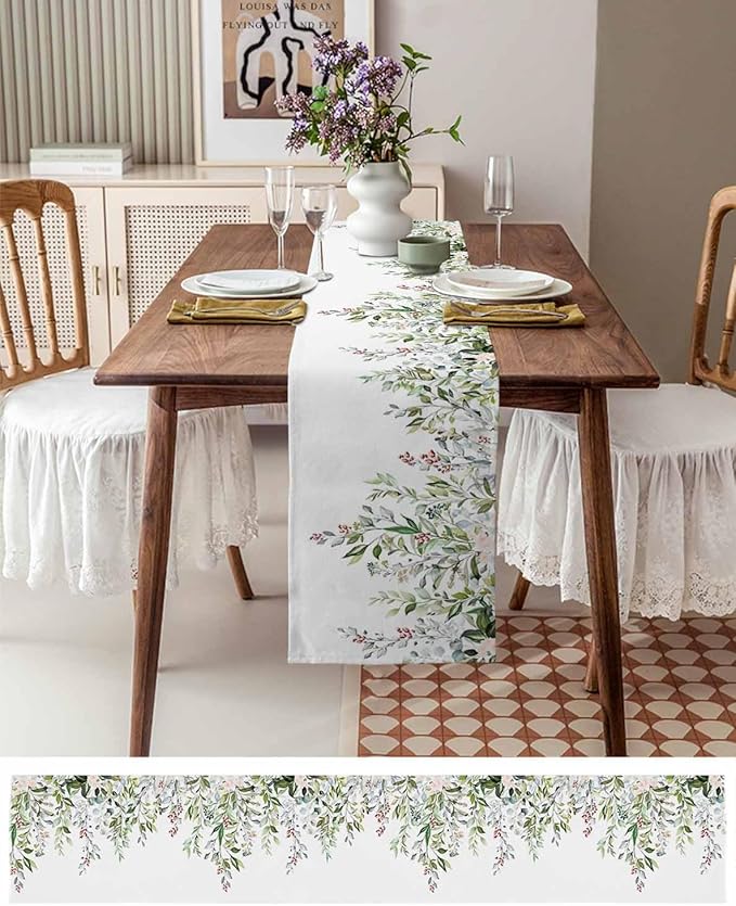 Botanical Eucalyptus Cotton Linen Table Runner for Dining Kitchen, Wedding Outdoor Party Tablerunners Decoration, Sage Green Leaves Elegant Floral Dresser Scarf Coffee Tablecloth Runners 13x48 Inches