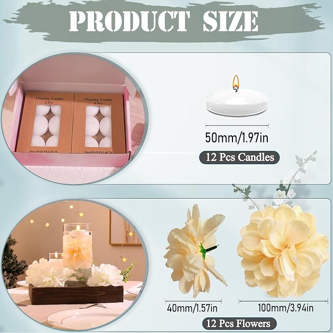 Vase Fillers, 24 Pcs Champagne Floating Flowers and White Candles