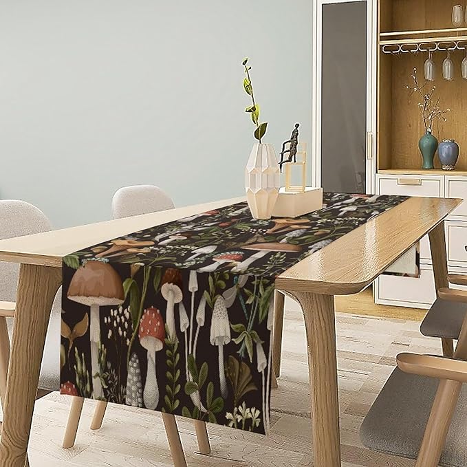 Mushroom Table Runner,Retro Forest Wildflower Botanical Plants Flower Art Pattern Print Burlap Hotel Indoors Outdoor Dining Room Kitchen Holiday Party, 13x108in