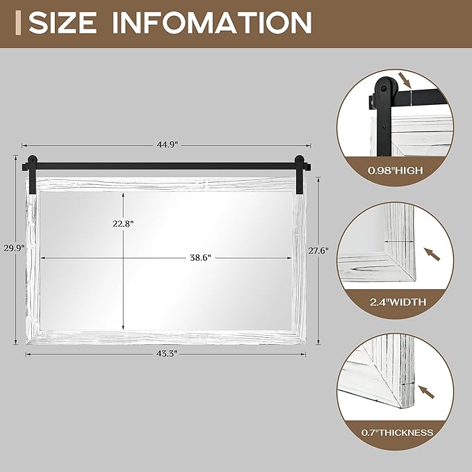 COGOOD Farmhouse Bathroom Mirror - 45 x 30 Large Rectangle Barn Door Mirror for Vanity, Bedroom, Living Room Wall Decor (White)