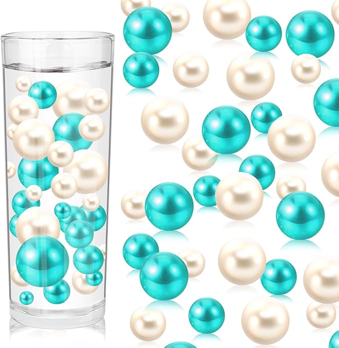 Vase Fillers, 100 Pcs Teal and White Plastic Pearl Beads, Assorted Sizes