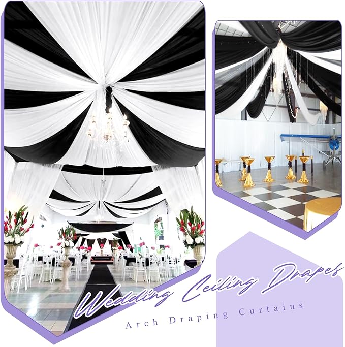 6 Panels Black Ceiling Drapes for Wedding 5ftx10ft Chiffon Fabric Arch Draping Curtains Sheer Drapery for Party Ceremony Birthday Baby Shower Reception Stage Swag Ceiling Decorations
