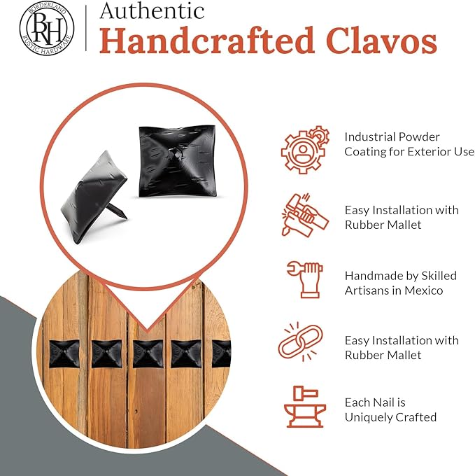 10 Pack 1.5" Square Head Iron Clavos Decorative Nails – Black – Handmade Rustic Square Fasteners for Farmhouse Shutters, Faux Wood Beams, Barn Doors, Shutters, and Gates – Ornamental Wood Accent