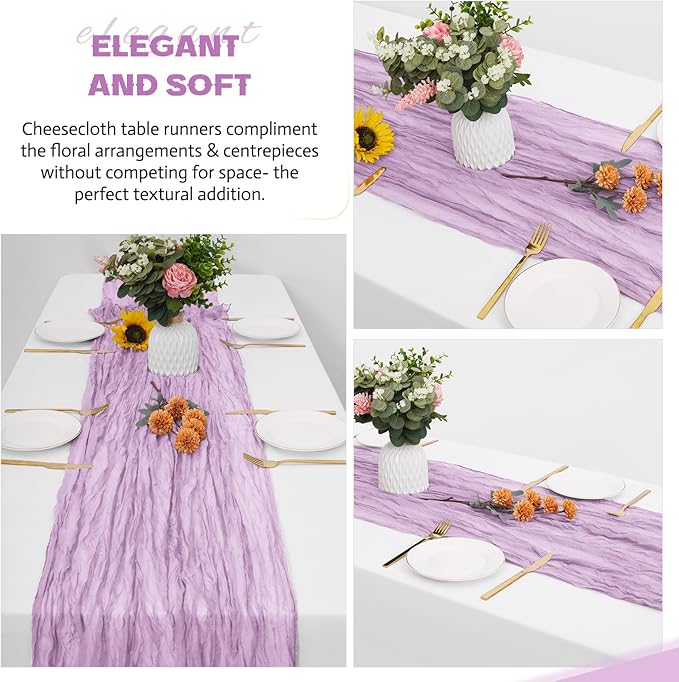 Aktor 12 Pack Lavender Table Runner Boho Cheesecloth Table Runner Semi Sheer Gauze Fabric Runners for Wedding Birthday Baby Shower Party Boho Table Decoration（Lavender）