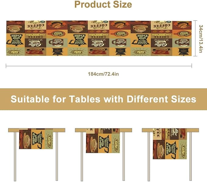 Coffee Table Runner,Vintage Style Coffee Beans Cups Theme Design Pattern Print Tablecloth Burlap for Hotel Indoors Outdoor Dining Room Kitchen Holiday Party, 13x108in