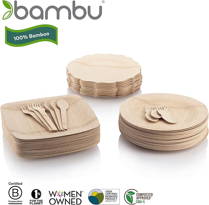 Disposable Bamboo Plates, 11 Inch Scalloped, Pack of 8