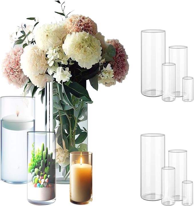 Glass Cylinder Vases, 8 Pieces in 4 Sizes, Clear Borosilicate