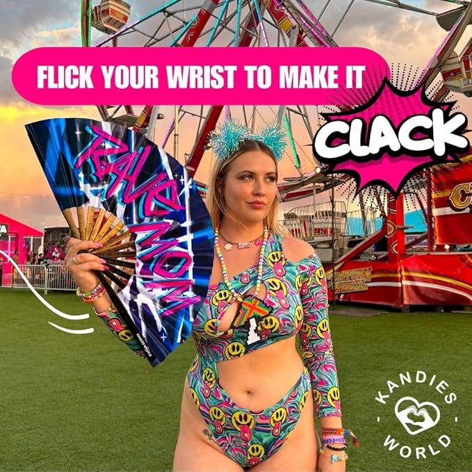 Kandies World UV Reactive Custom Festival Folding Hand Fan - Unique Designs, Made of Bamboo, Clacking Sound, Lightweight - Perfect Rave and Festival Accessory!