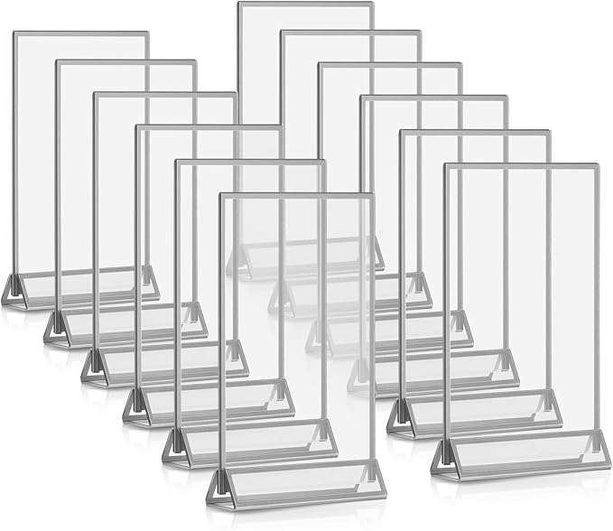 Sign Holders 12 Pack, Clear Acrylic 4x6 Inch Double Sided with Silver Border