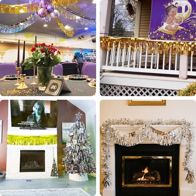 6 Pack Gold Total 60 Feet Foil Fringe Garland Metallic Tinsel Banner Wall Hanging Drapes Parade Float Skirting Decorations for Trailer Mardi Gras Party Birthday Wedding (Gold)