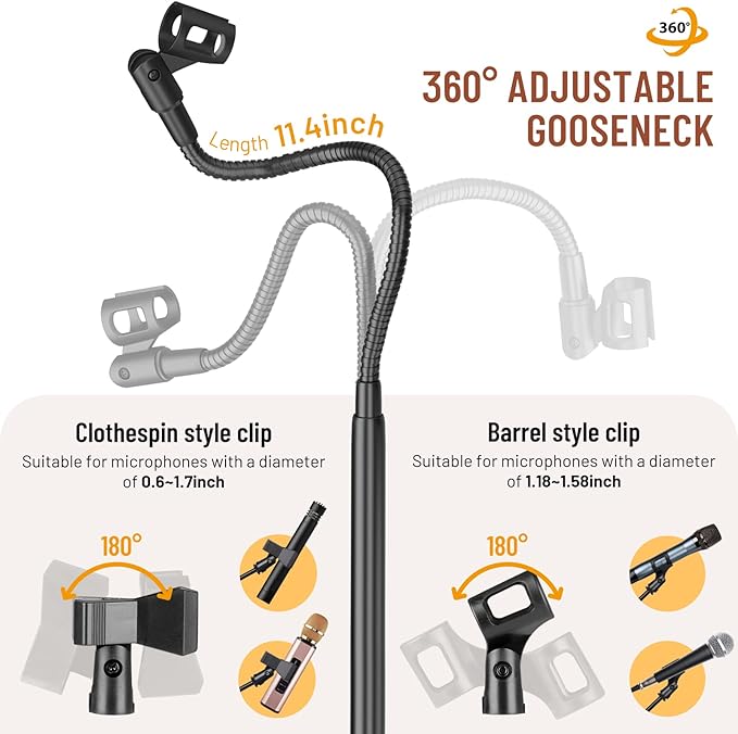 CAHAYA Dual-use Tripod Microphone Stand with Phone Holder Gooseneck Floor Mic Stand Portable with Carrying Bag and 2 Mic Clips for Singing Performance Wedding Stage Meeting Live CY0312