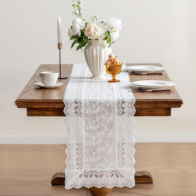 White Elegant Vintage Lace Table Runner,Wedding Lace Decor with Floral Embroidery,Tea Party Decor (White, 13.8X79 Inches)