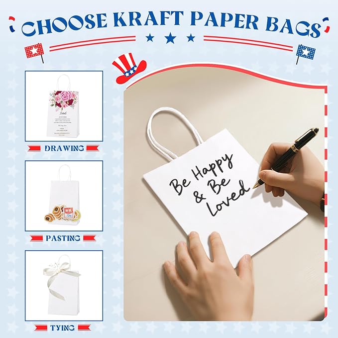 Gift Bags 300 Pack White Kraft Paper Bags with Handles, 8 Inch Tall