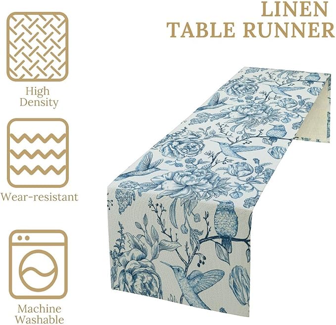 Blue White Table Runner Retro Monochrome Sketch Birds Flower Vintage Floral Kitchen Dining Table Decoration for Home Party Holiday 13"x70"