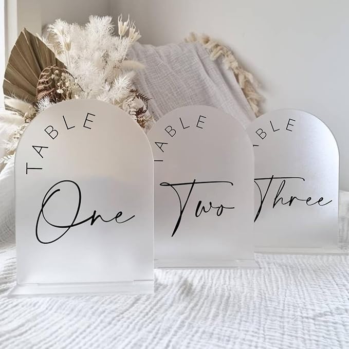 Table Number Place Cards 1-30, Frosted Acrylic Arch Signs with Stands