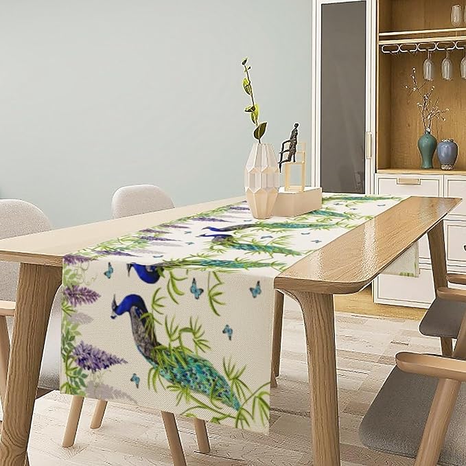 Peacock Table Runner,Spring Plant Butterfly Print Seasonal Table Runner for Home Kitchen Dining Party Indoor Outdoor Decoration 13x70 Inch