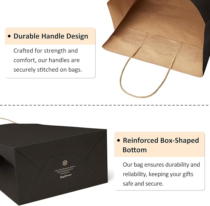 Small Black Paper Gift Bags, 150 Count, 5.25 x 3 x 8 Inch with Handles