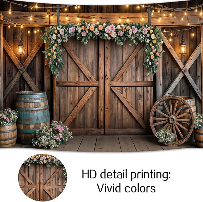 8x6ft Country Wedding Photography Backdrop Rustic Barn Door Photography Backdrop Farmhouse Pink Flower Cabin Wooden Birthday Baby Shower Wedding Bridal Party Banner Photo Booth Props Background