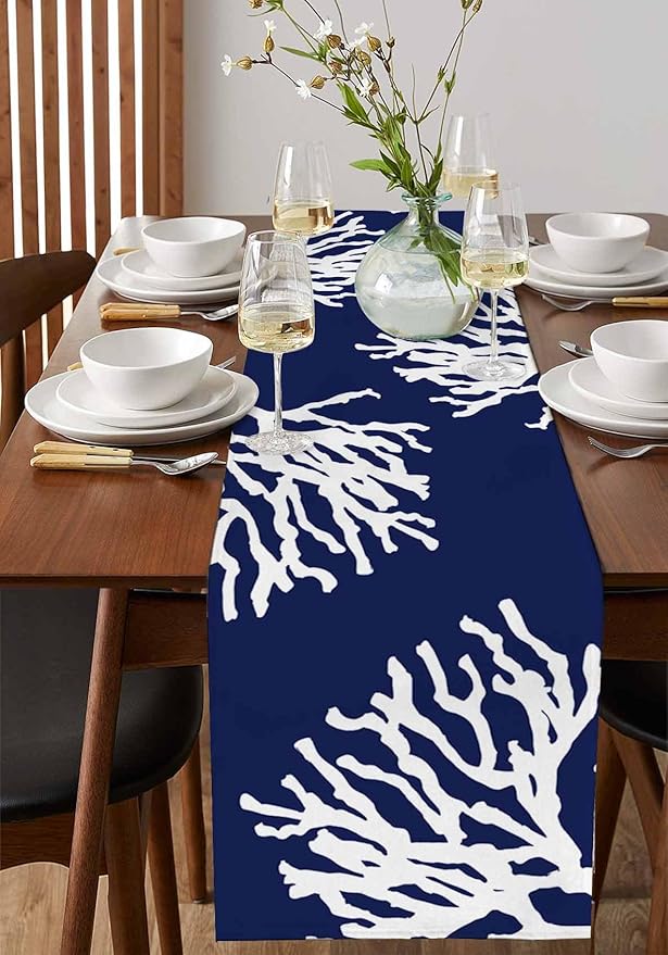 Coastal Coral Cotton Linen Table Runner for Dining Kitchen, Wedding Outdoor Party Tablerunners Decoration, Navy Blue Nautical Ocean Beach Dresser Scarf Coffee Tablecloth Runners 13x108 Inches