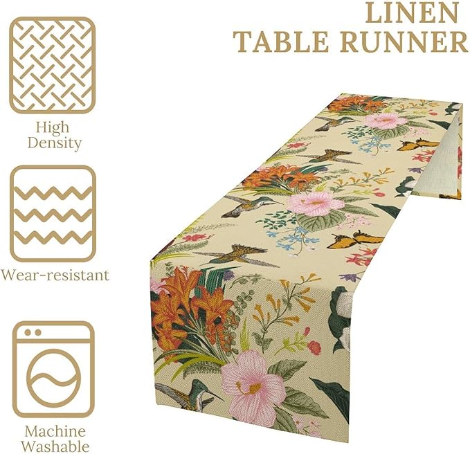 Brown Bird Floral Table Runner Spring Flower Kitchen Table Decoration Suitable for Family Dinner Decoration 13x90 Inch