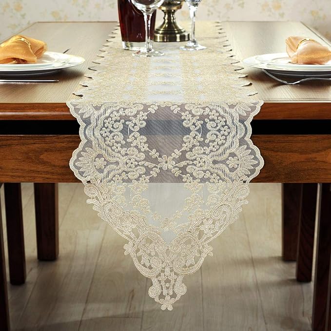 ARTABLE Rectangle Table Runner Lace Macrame Embroidered Table Runners with Exquisite Vintage Shabby Chic for Holiday Wedding Long Dinner Tables (Light Gold, 12 x 84 Inch)