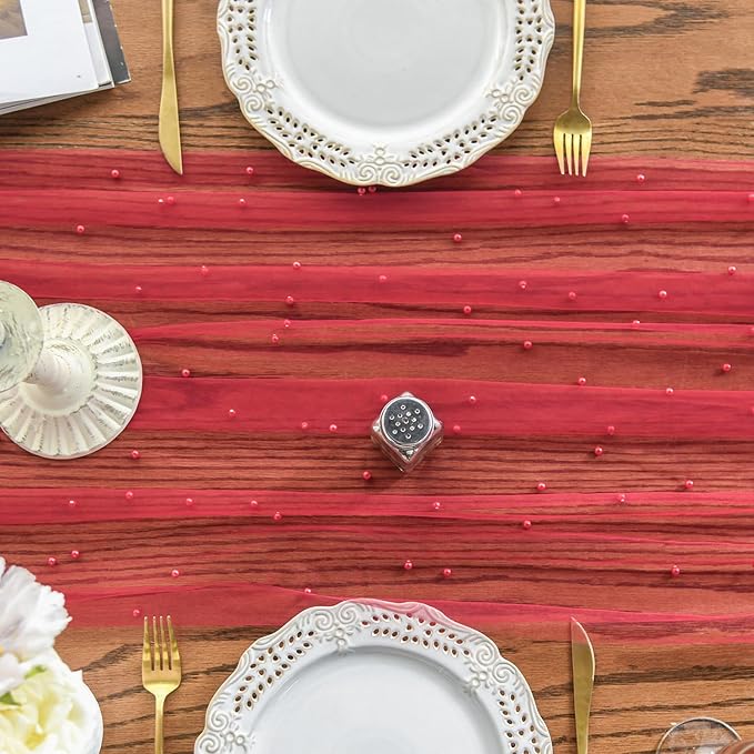 Artoid Mode Pearl Red Gauze Table Runner 59x120 Inch , Seasonal Sheer Kitchen Dining Holiday Wedding Birthday Baby Shower Table Decor for Home Party