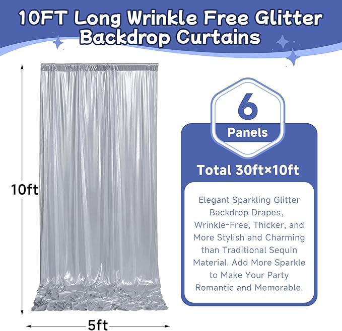 Backdrop Curtain Panels in Silver Glitter, 6 Pieces, 5 x 10 ft Each