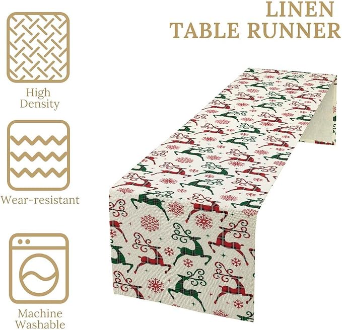 Christmas Table Runner,Christmas Plaid Deer Print Farmhouse Table Cloth Kitchen Dining Table Decoration for Home Party Decor 13x36 Inch
