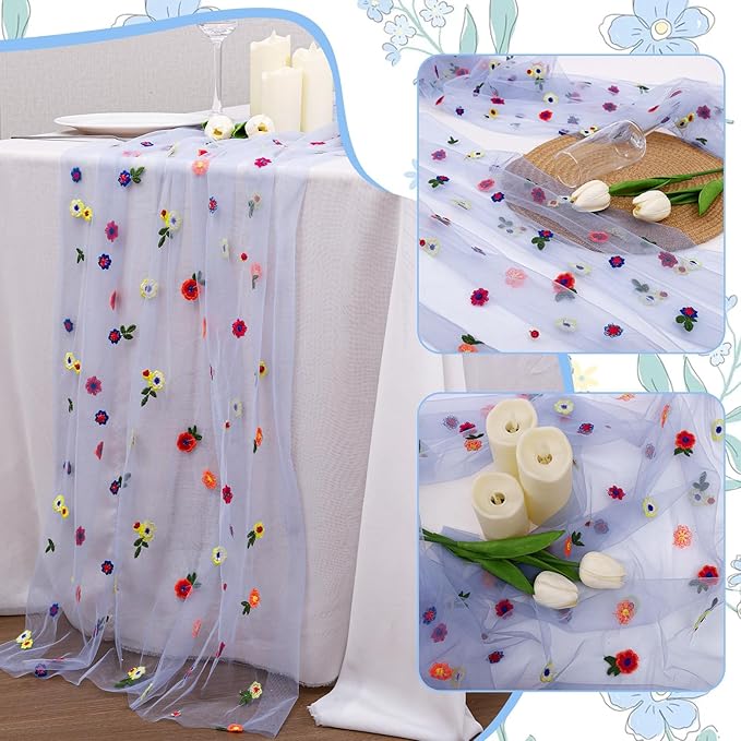 6PCS Blue Floral Table Runner 10 FT, Embroidery Daisy Table Runners Seasonal Sheer Tulle Table Runner for Thanksgiving Wedding Birthday Baby Shower Party ﻿