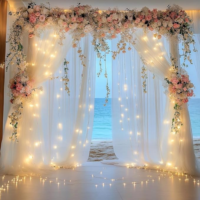 Tulle Backdrop Curtain with Lights String 20 X 8FT Ivory Sheer Tulle Backdrop Curtains for Wedding Birthday Party Reception Photo Booth Background Decorations (4 Panels 5x8FT)