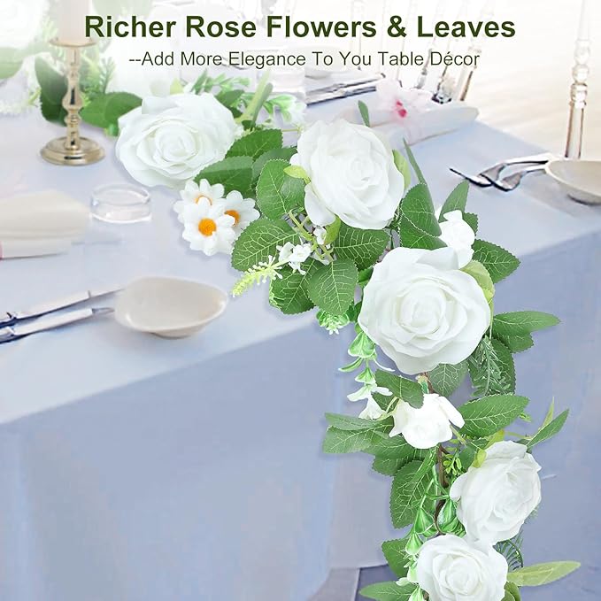 Naidiler Full Pretty White Rose Garland, 6.2FT Artificial Floral Vines Spring White Flower Garland for Wedding Arch Table Centerpiece Decor Home Backdrop Wall Valentines Decoration