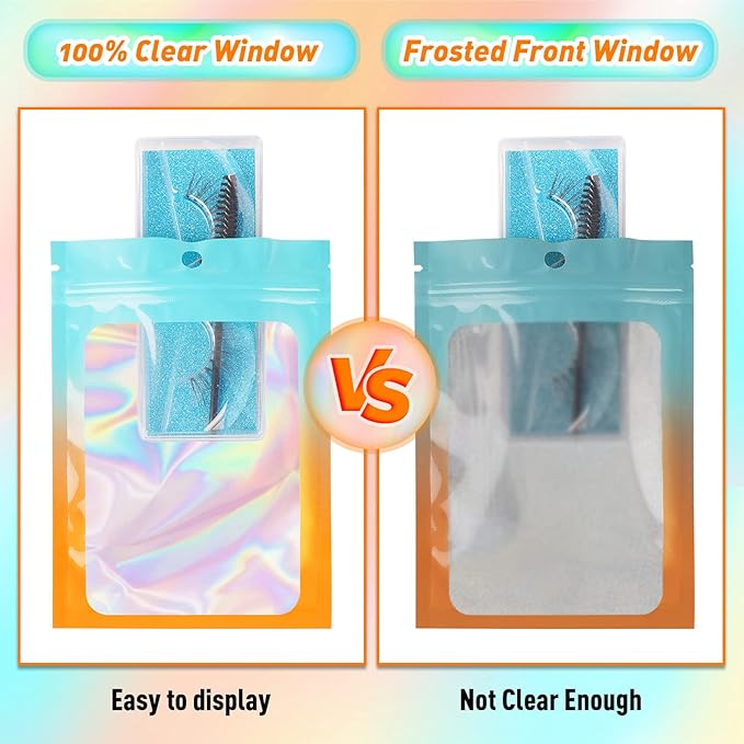 Funfery 100 Pack Gradient Holographic Bags,Mylar Resealable Bag with Zipper,Clear Window Packaging Pouch,Smell Proof Bags for Food Storage,Sample Jewelry Baggies(5.5x7.9In,Blue Orange)