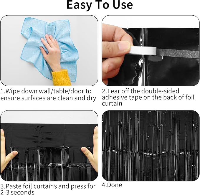 Streamers Black Metallic Glitter Tinsel Backdrop 4-Pack 3.2 x 8.2 FT