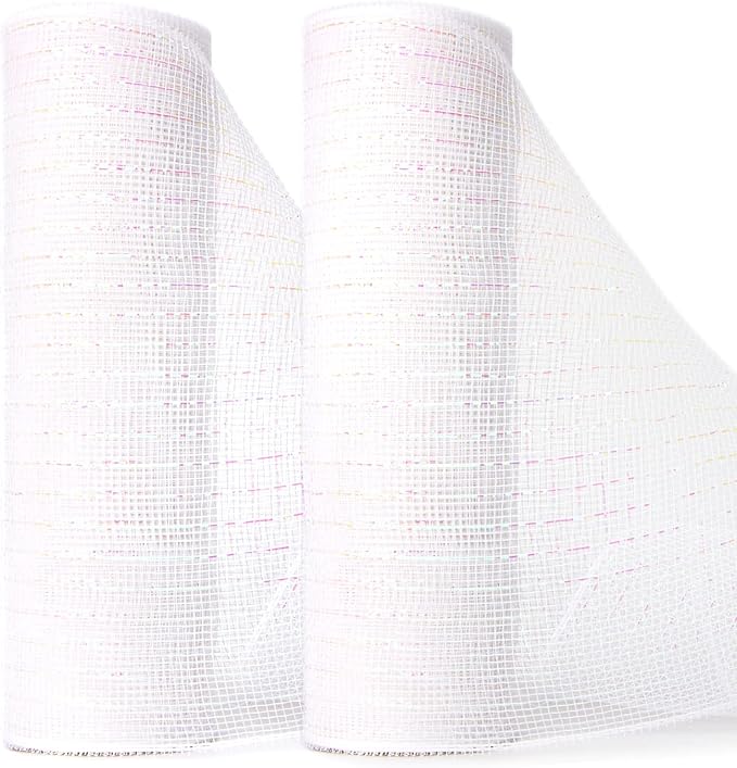 Ribbli 2 Rolls White Mesh Ribbon,10 inch x 30 feet(10Yard) Each Roll,Metallic White with Iridescent Foil,Christmas Ribbon for Wreath Swags and Decorating
