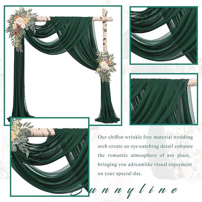 Wedding Arch Drape Fabric, 4 Emerald Green Chiffon Panels, 20 Ft Long