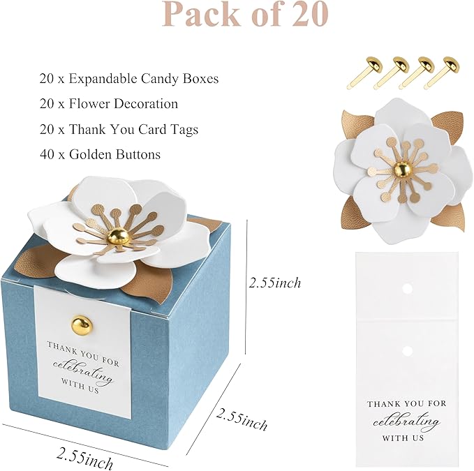 Gift Boxes, 20 Pack Dusty Blue Floral Favor Containers with Thank You Tags